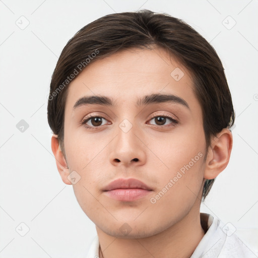 Neutral white young-adult male with short  brown hair and brown eyes