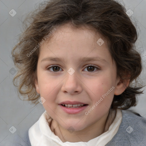 Joyful white child female with medium  brown hair and brown eyes