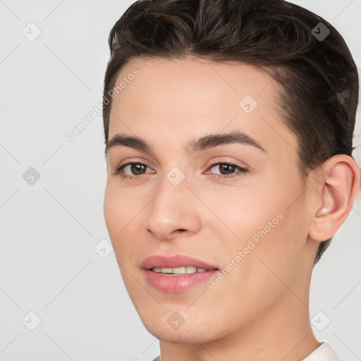 Joyful white young-adult female with short  brown hair and brown eyes