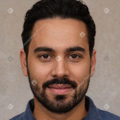 Joyful white young-adult male with short  black hair and brown eyes