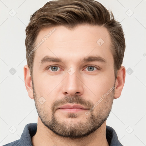 Neutral white young-adult male with short  brown hair and grey eyes