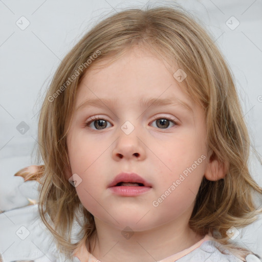 Neutral white child female with medium  brown hair and blue eyes