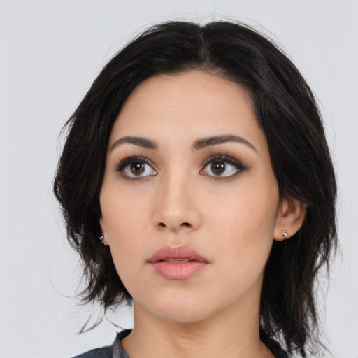 Neutral asian young-adult female with medium  black hair and brown eyes