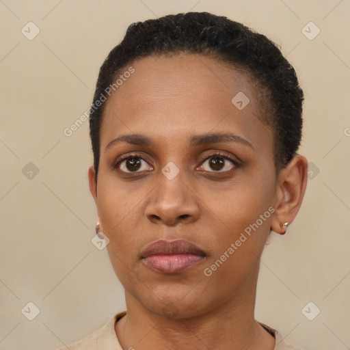 Neutral black young-adult female with short  black hair and brown eyes