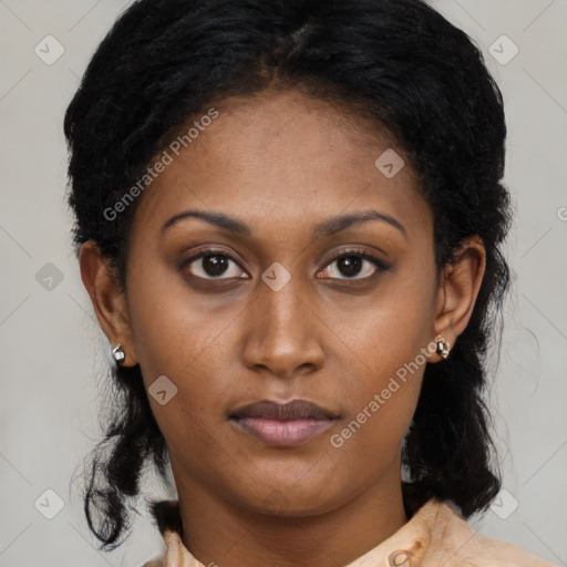 Neutral black young-adult female with medium  brown hair and brown eyes