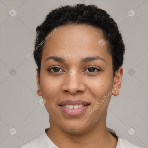 Joyful latino young-adult female with short  black hair and brown eyes