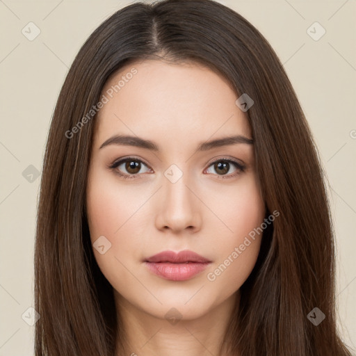 Neutral white young-adult female with long  brown hair and brown eyes