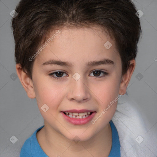 Joyful white child female with short  brown hair and brown eyes