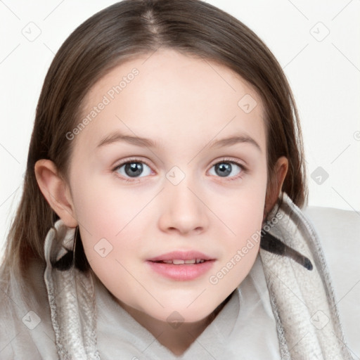 Neutral white child female with medium  brown hair and blue eyes