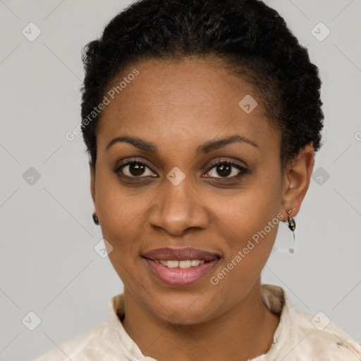 Joyful latino young-adult female with short  brown hair and brown eyes