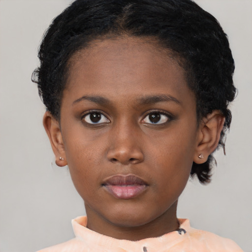 Neutral black young-adult female with short  brown hair and brown eyes