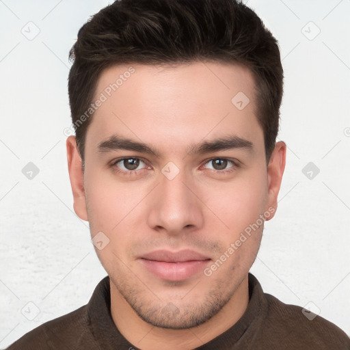 Neutral white young-adult male with short  brown hair and brown eyes