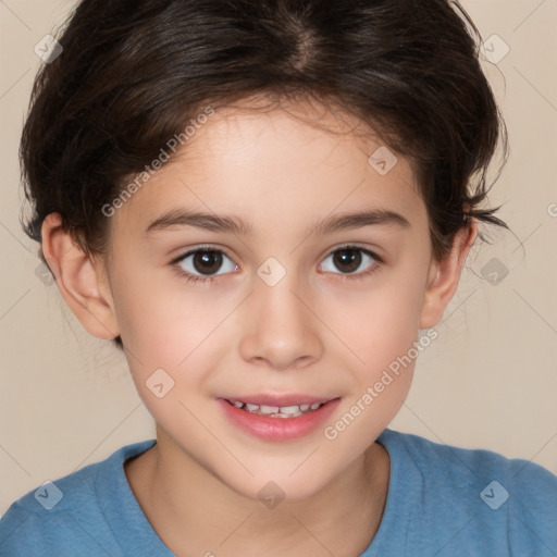 Joyful white child female with medium  brown hair and brown eyes