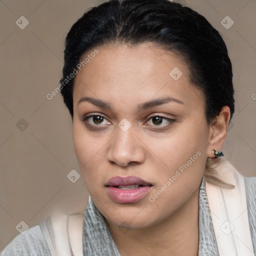 Joyful white young-adult female with short  black hair and brown eyes