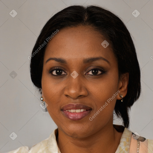 Joyful black young-adult female with medium  brown hair and brown eyes