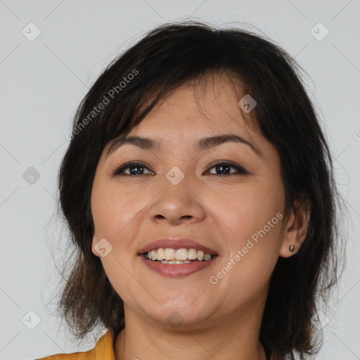 Joyful white young-adult female with medium  brown hair and brown eyes