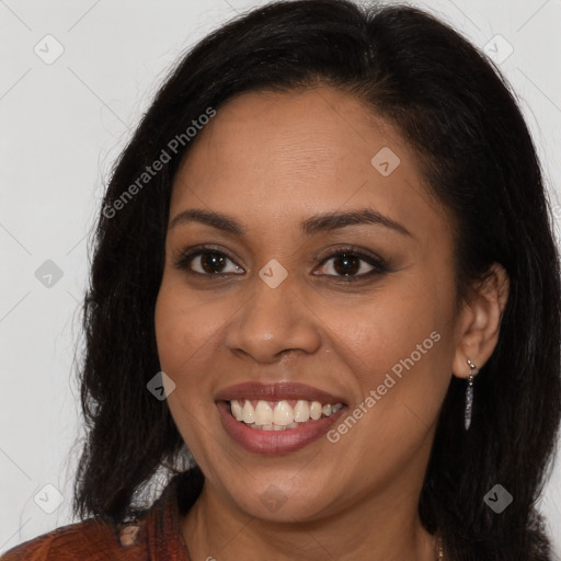 Joyful latino young-adult female with long  brown hair and brown eyes