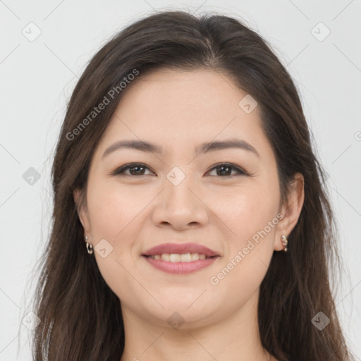 Joyful white young-adult female with long  brown hair and brown eyes