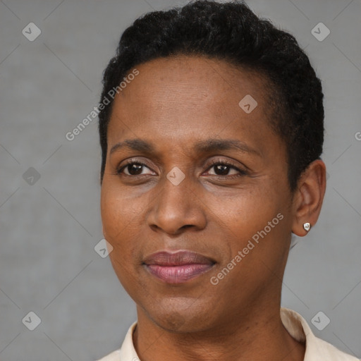 Joyful black adult female with short  brown hair and brown eyes