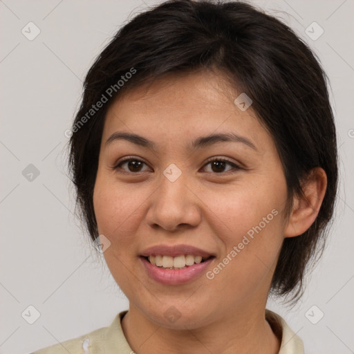 Joyful white young-adult female with medium  brown hair and brown eyes