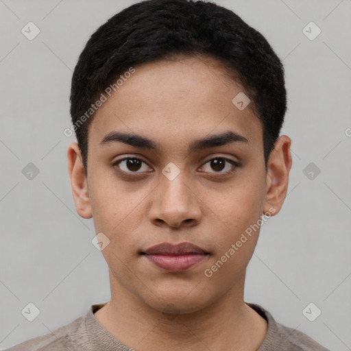 Neutral latino young-adult male with short  black hair and brown eyes