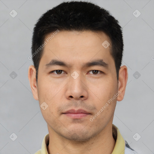 Neutral asian young-adult male with short  black hair and brown eyes