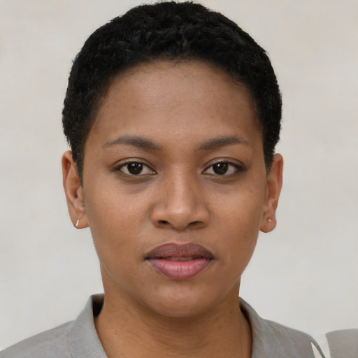 Neutral black young-adult female with short  black hair and brown eyes