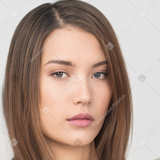 Neutral white young-adult female with long  brown hair and brown eyes