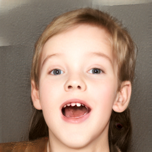 Joyful white child female with long  brown hair and brown eyes