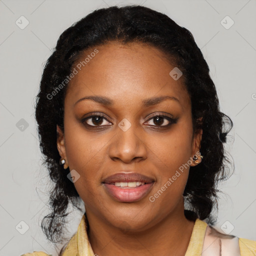 Joyful black young-adult female with medium  black hair and brown eyes