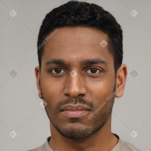 Neutral latino young-adult male with short  black hair and brown eyes