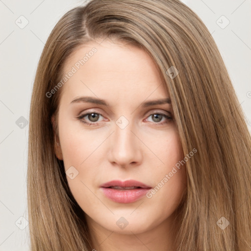 Neutral white young-adult female with long  brown hair and brown eyes