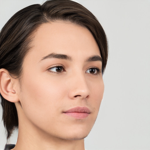 Neutral white young-adult female with medium  brown hair and brown eyes