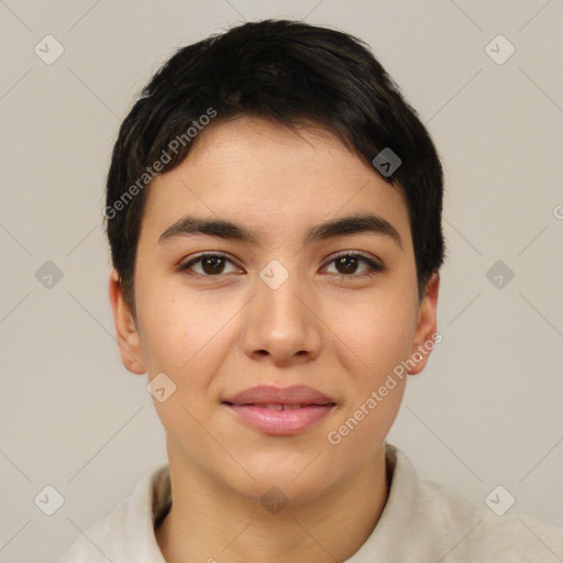 Joyful asian young-adult female with short  brown hair and brown eyes