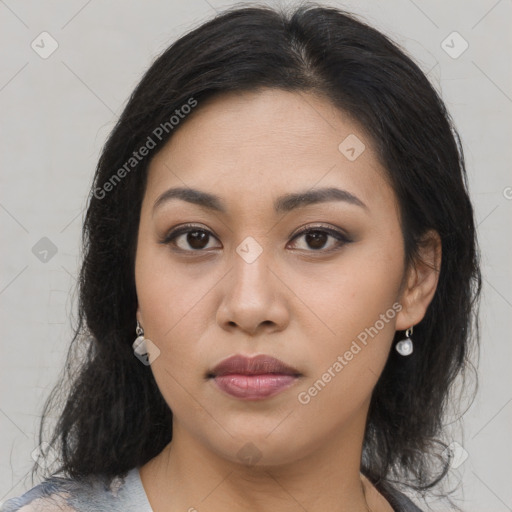 Neutral asian young-adult female with medium  brown hair and brown eyes