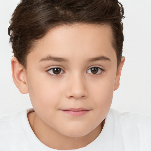 Joyful white child female with short  brown hair and brown eyes