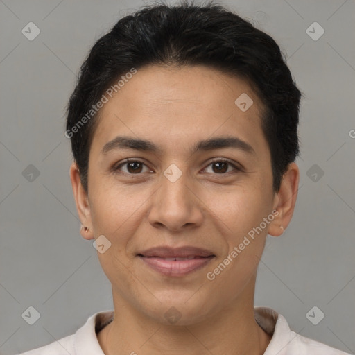 Joyful latino young-adult female with short  brown hair and brown eyes