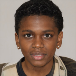 Joyful black young-adult male with short  brown hair and brown eyes