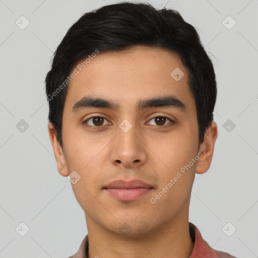 Neutral asian young-adult male with short  black hair and brown eyes