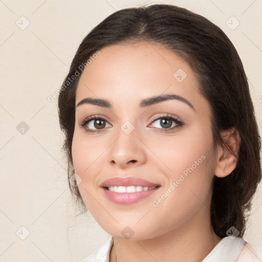 Joyful white young-adult female with medium  brown hair and brown eyes