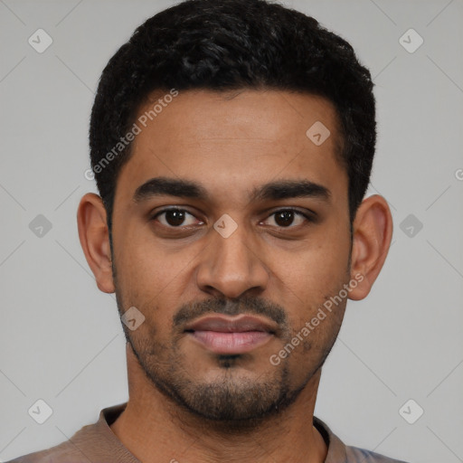 Neutral latino young-adult male with short  black hair and brown eyes