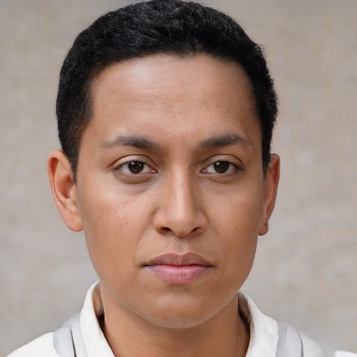 Joyful latino young-adult male with short  brown hair and brown eyes