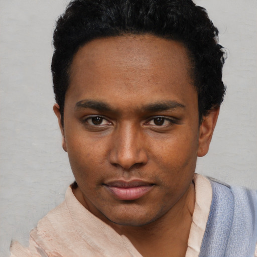 Neutral black young-adult male with short  black hair and brown eyes