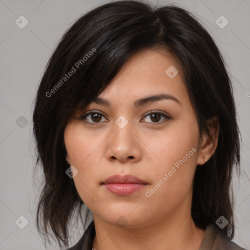 Neutral asian young-adult female with medium  brown hair and brown eyes