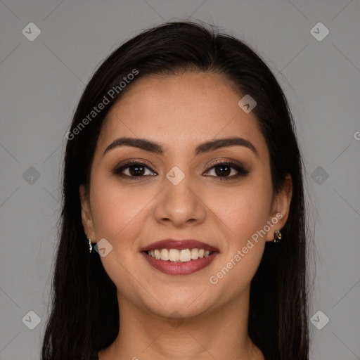 Joyful white young-adult female with long  brown hair and brown eyes