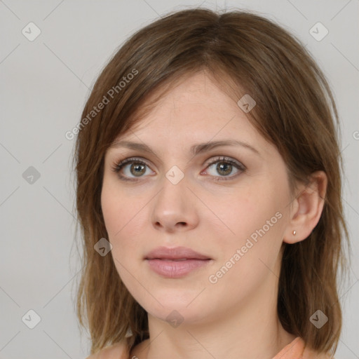 Neutral white young-adult female with medium  brown hair and brown eyes