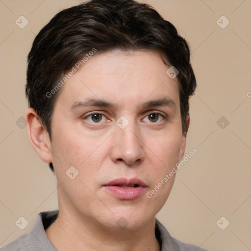 Neutral white young-adult male with short  brown hair and brown eyes