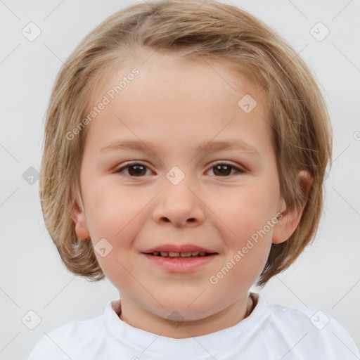 Joyful white child female with medium  brown hair and brown eyes