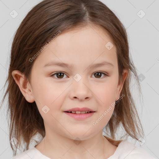 Joyful white child female with medium  brown hair and brown eyes