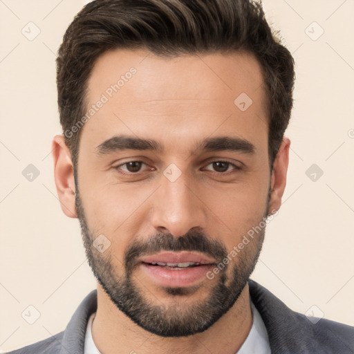 Joyful white young-adult male with short  brown hair and brown eyes